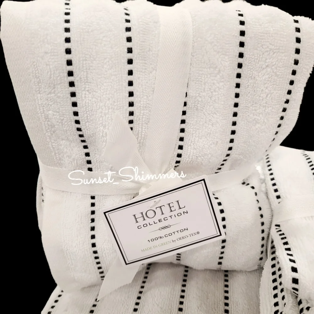 8pc Hotel Collection Bath Hand Washcloth White Black Dot Pinstripe TOWEL Set New